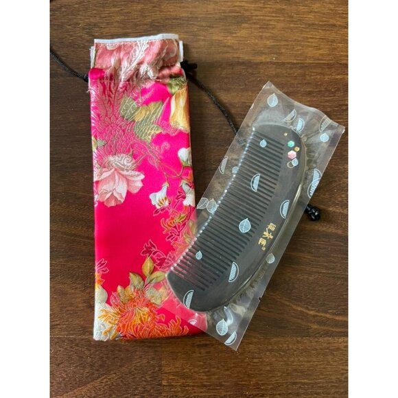 New Chongqing Carpenter Sandalwood Comb Set Floral Inlay w/ Silk Pouch & Box - Picture 1 of 6